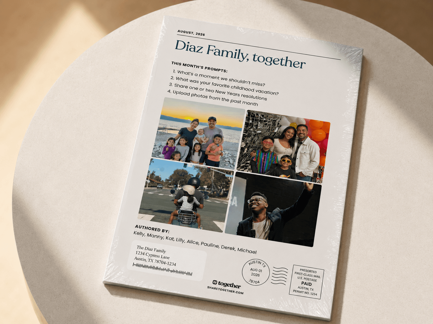A mailed Together print journal for the Diaz family, with monthly prompts, family photos, and postal details on its cover.