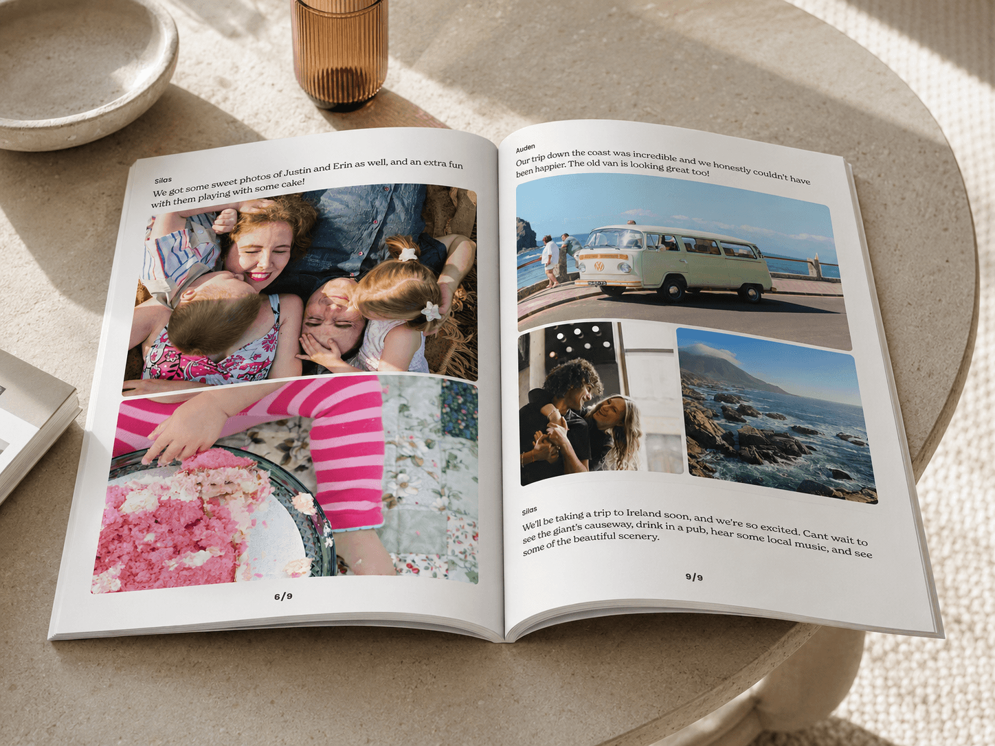 An open Together print journal showing family photos, a road trip, and written memories across two pages.