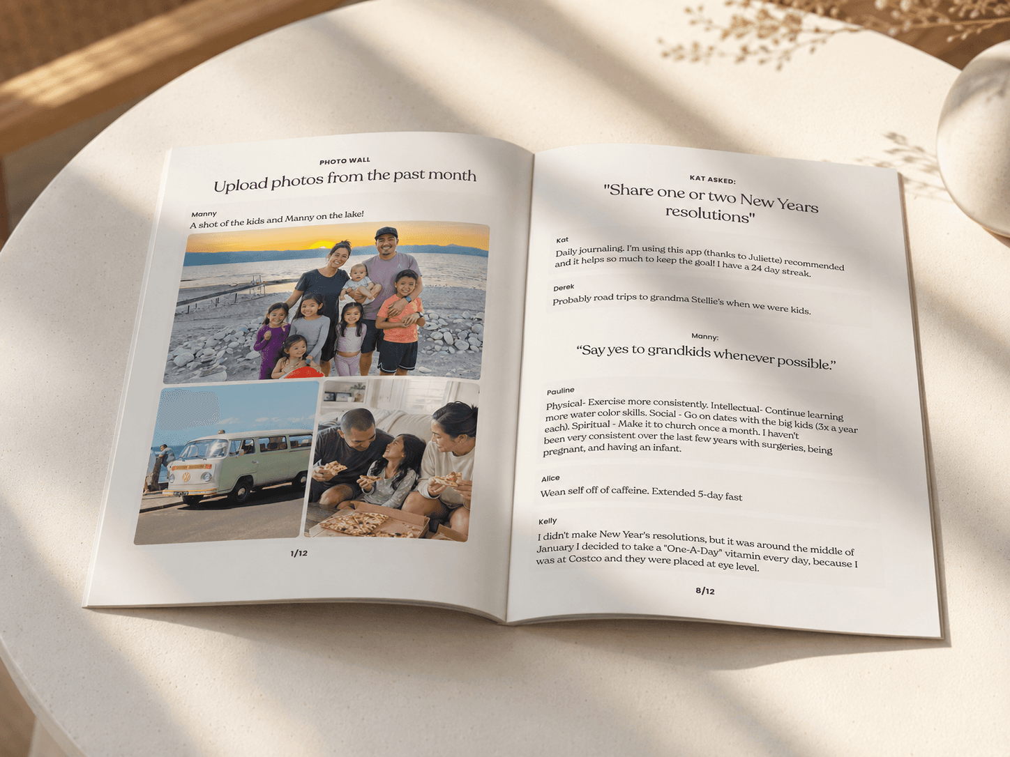 An open Together print journal with a family photo wall and a page of shared New Year reflections.