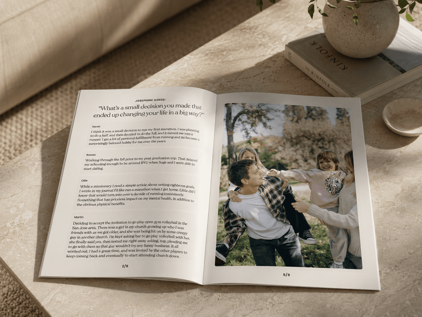 An open Together print journal pairing a shared question and written answers with a full-page family photo.